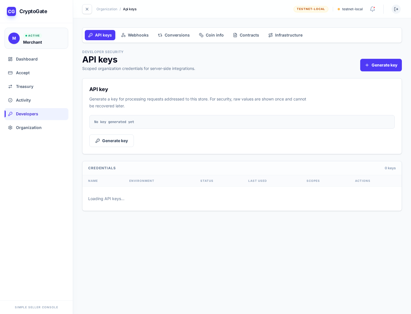 CryptoGate API keys screen