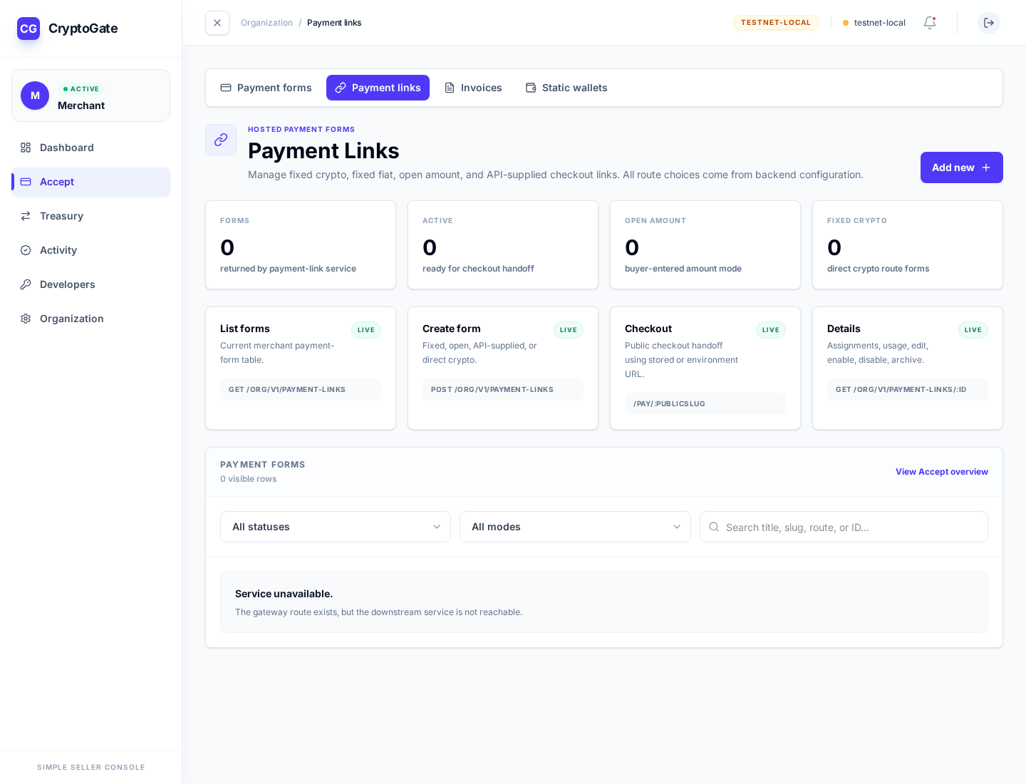 CryptoGate payment links screen